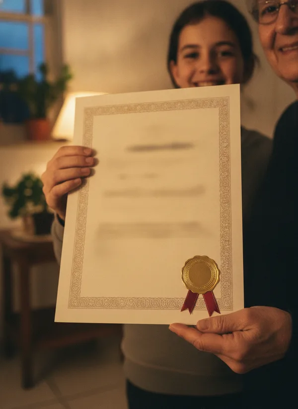 Mãos segurando um certificado com selo dourado