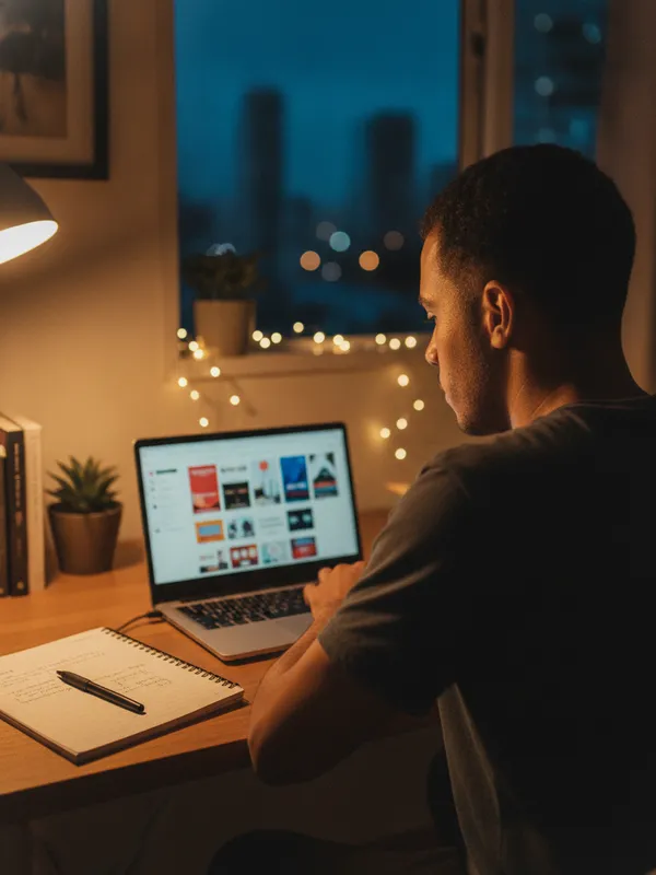 Jovem navegando numa plataforma de cursos no notebook