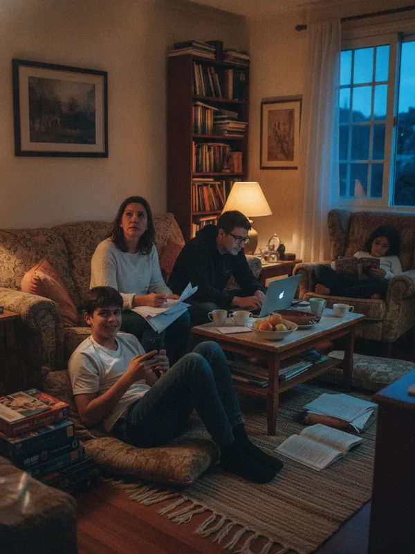 Família estudando junta na sala de casa