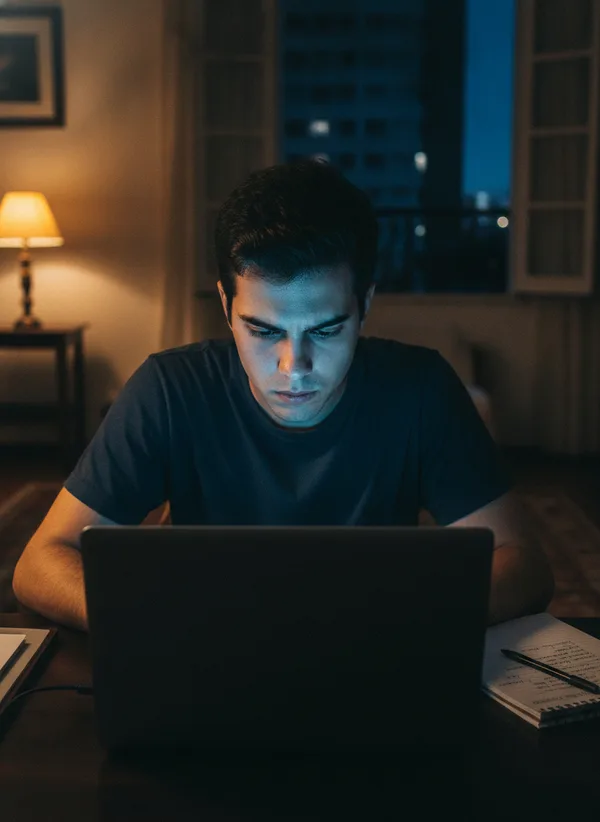 Jovem estudando gráficos do mercado no notebook