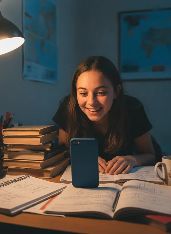 Estudante sorrindo pro celular enquanto estuda à noite